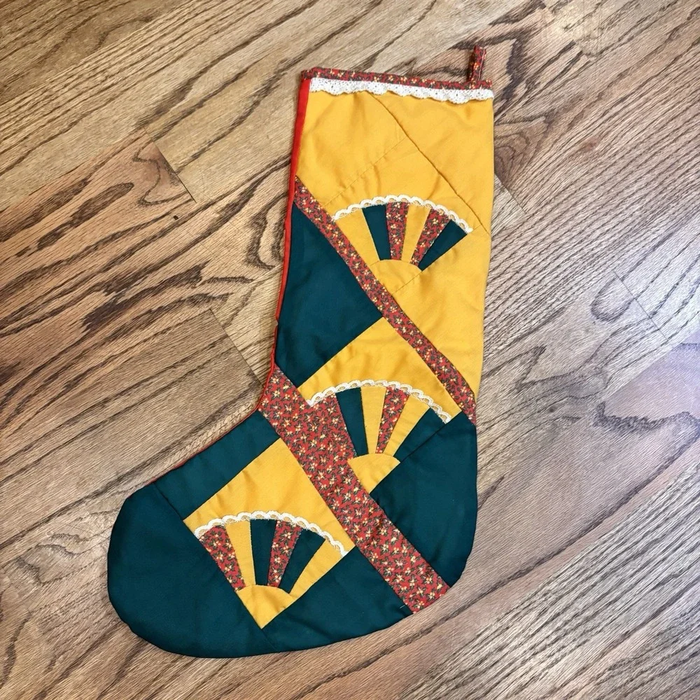 Vintage Handmade Quilted Christmas Stocking Patchwork Fan Applique
